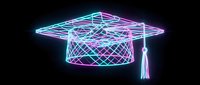 Neon graduation cap glowing in cyan and magenta colors on black background. Academic achievement symbol for education and university celebration designs.