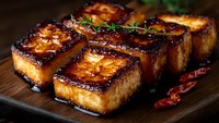 Caramelized tofu cubes glazed with sweet soy sauce on wooden board, garnished with fresh thyme sprigs and dried chili peppers, close up view of Asian cuisine.