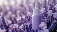 Purple essential oil dropper bottle surrounded by blooming lavender flowers in soft focus. Natural aromatherapy and organic skincare concept against floral background.