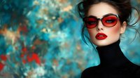 Young woman with red sunglasses and bright red lipstick wearing black turtleneck against turquoise and orange abstract background. Fashion portrait with dramatic lighting.