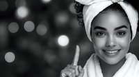 Young African American woman wearing white bath towel and turban smiling at camera with raised finger against dark bokeh background in black and white portrait.