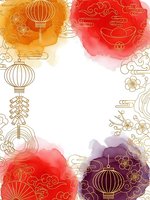 Watercolor Chinese New Year background with golden lanterns, clouds and traditional ornaments for festive greeting cards and celebration designs.
