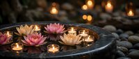 Floating lotus flowers and candles in stone bowl create peaceful spa atmosphere with warm bokeh lights for meditation and wellness relaxation concepts.