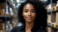 Young African American businesswoman with curly hair smiling confidently in modern warehouse distribution center for corporate logistics concepts.