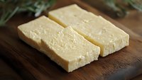 Sliced creamy cheese on wooden cutting board with fresh rosemary herbs, ready for cooking, appetizers, or food styling projects.