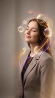 Young woman with long dark hair and East Asian ethnicity wearing a beige blazer over a purple top, eyes closed in serene expression, surrounded by glowing golden and purple light orbs and luminous swirls, isolated against neutral background for wellness and spirituality designs.