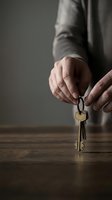 Businessman hands holding house keys over wooden table for real estate property ownership transfer and rental agreement signing.