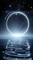 Glowing circular portal floating above calm water surface under starry night sky with bright luminous ring reflecting on rippling waves creating mystical atmosphere.