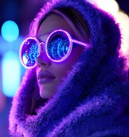 Young woman in round reflective sunglasses with neon city lights reflection, wearing purple fur hood coat against blurred bokeh background in cyberpunk style.