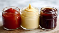 Three glass jars filled with different colored sauces - red ketchup, creamy mayonnaise, and dark barbecue sauce arranged on wooden surface, close up view of condiments.