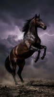 Majestic dark bay stallion rearing against dramatic stormy sky with lightning bolts. Powerful equine silhouette showcasing strength and freedom in nature.