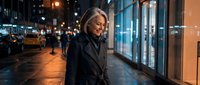 Senior woman walking alone on urban street at night wearing dark coat, city lights and storefronts creating atmospheric evening scene for lifestyle content.