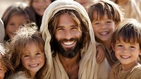 Middle Eastern man with beard wearing traditional headdress surrounded by joyful children, depicting religious teaching, faith and spiritual guidance. Warm sunlit portrait.