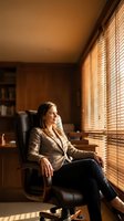 Confident Caucasian businesswoman in blazer sitting in leather office chair by window with warm sunlight, thoughtful and relaxed in executive workspace.