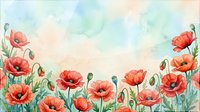 Watercolor red poppies blooming along the bottom border on a soft pastel background, perfect for greeting cards, posters, and spring designs.