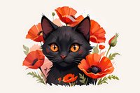 Adorable black cat with bright orange eyes surrounded by vibrant red poppies, perfect for greeting cards, children's books illustrations and seasonal decorative designs.