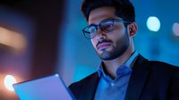 Young Asian businessman in glasses working on digital tablet at night, illuminated by blue neon lights, modern corporate environment with bokeh background.