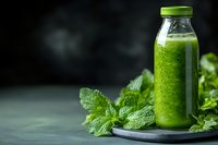 Fresh green smoothie in glass bottle with mint leaves on dark background for healthy lifestyle and detox diet concept.