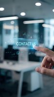 Finger touching holographic contact us button with digital interface icons in modern office environment for business communication and customer service.