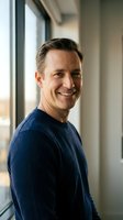 Confident middle-aged Caucasian businessman smiling warmly by office window wearing navy sweater for corporate headshot and professional marketing materials.