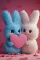 Adorable blue and white fluffy bunny toys holding pink heart together on romantic pink background with scattered heart decorations for Valentine's day design.