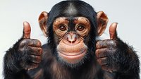 Young chimpanzee giving thumbs up gesture with both hands, smiling primate showing positive approval sign, cute baby chimp with expressive eyes on white background.