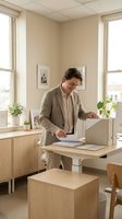 Young professional man working at adjustable standing desk in modern office with natural light and plants for healthy workspace productivity.