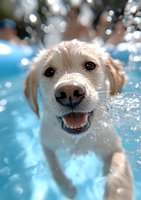 Happy Golden Retriever puppy playing in swimming pool with water splashing around, showing joyful expression and wet fur against bright blue water background.