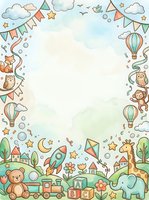 Whimsical nursery border frame with hot air balloons, teddy bears, toys, clouds, stars, and bunting on isolated white background, suitable for children's invitations, greeting cards, and design projects.