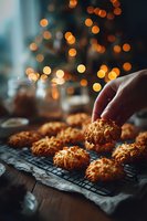 Hand reaching for freshly baked oatmeal cookie on cooling rack with festive bokeh lights in background, creating cozy holiday atmosphere.