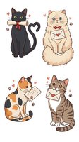 Adorable cartoon cats delivering love letters and messages with hearts, paw prints and romantic accessories on white background for Valentine's Day designs.