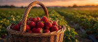Fresh ripe strawberries in wicker basket at sunset farm field with rows of strawberry plants during golden hour harvest time for organic farming.