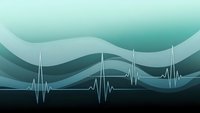 Medical heartbeat pulse waves on flowing teal gradient background for healthcare technology presentations and cardiology concepts.