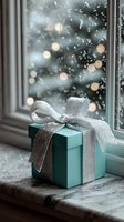 Turquoise gift box with silver ribbon on windowsill against blurred Christmas tree lights and falling snow, creating cozy winter holiday atmosphere.