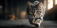 Adorable tabby kitten with striking green eyes walking forward on wooden floor in warm sunlit indoor setting for pet photography and animal portraits.