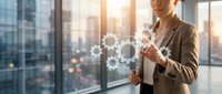 Professional businesswoman using smartphone with digital network icons in modern office during golden hour sunset for corporate technology concepts.