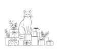 Cat sitting among wrapped gift boxes and potted plants, line art style on white background, suitable for holiday greeting cards, packaging design, and festive marketing materials.