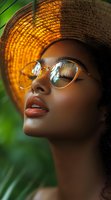 Young African American woman wearing stylish round glasses and straw hat in tropical setting, sunlight creating warm glow through hat brim, natural makeup with coral lips.