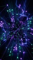 Futuristic digital network with glowing nodes and connections in purple and green colors on dark background for technology presentations.