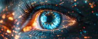 Macro shot of luminous blue human eye with digital elements and glowing orange bokeh effects, perfect for technology, artificial intelligence and future vision concepts.