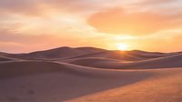 Golden hour sunrise over vast sand dunes with warm amber light casting long shadows across rippled desert landscape, suitable for travel and nature backgrounds.
