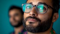 Professional South Asian man with beard wearing glasses reflecting green light from computer screen in modern office environment.