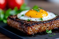 Juicy grilled steak topped with sunny side up egg and fresh herbs on black slate plate, close up view with selective focus on runny yolk.