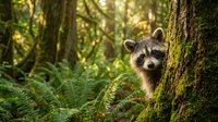 Curious raccoon peeking from behind moss-covered tree trunk in lush green forest with ferns and dappled sunlight filtering through canopy.
