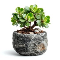 Jade plant succulent in rustic stone pot isolated on white background for home decor and gardening projects.