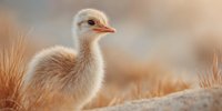 Adorable fluffy baby bird chick with soft downy feathers standing in natural sandy environment during golden hour lighting for wildlife photography.