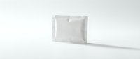 Blank white foil pouch with hanging hole on neutral background, suitable for product packaging mockups and branding presentations.