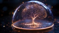 Glowing tree of life under glass dome with magical sparkles and ethereal light effects creates mystical atmosphere. Concept of protection and growth.