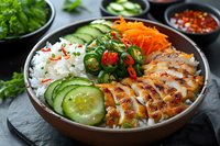 Grilled chicken rice bowl with fresh vegetables, cucumber slices, shredded carrots, steamed rice, and spicy sauce garnished with sesame seeds and herbs.