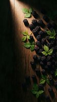 Fresh blackberries with green leaves arranged on rustic wooden surface, illuminated by natural light. Suitable for food photography, recipe blogs, and culinary design projects.